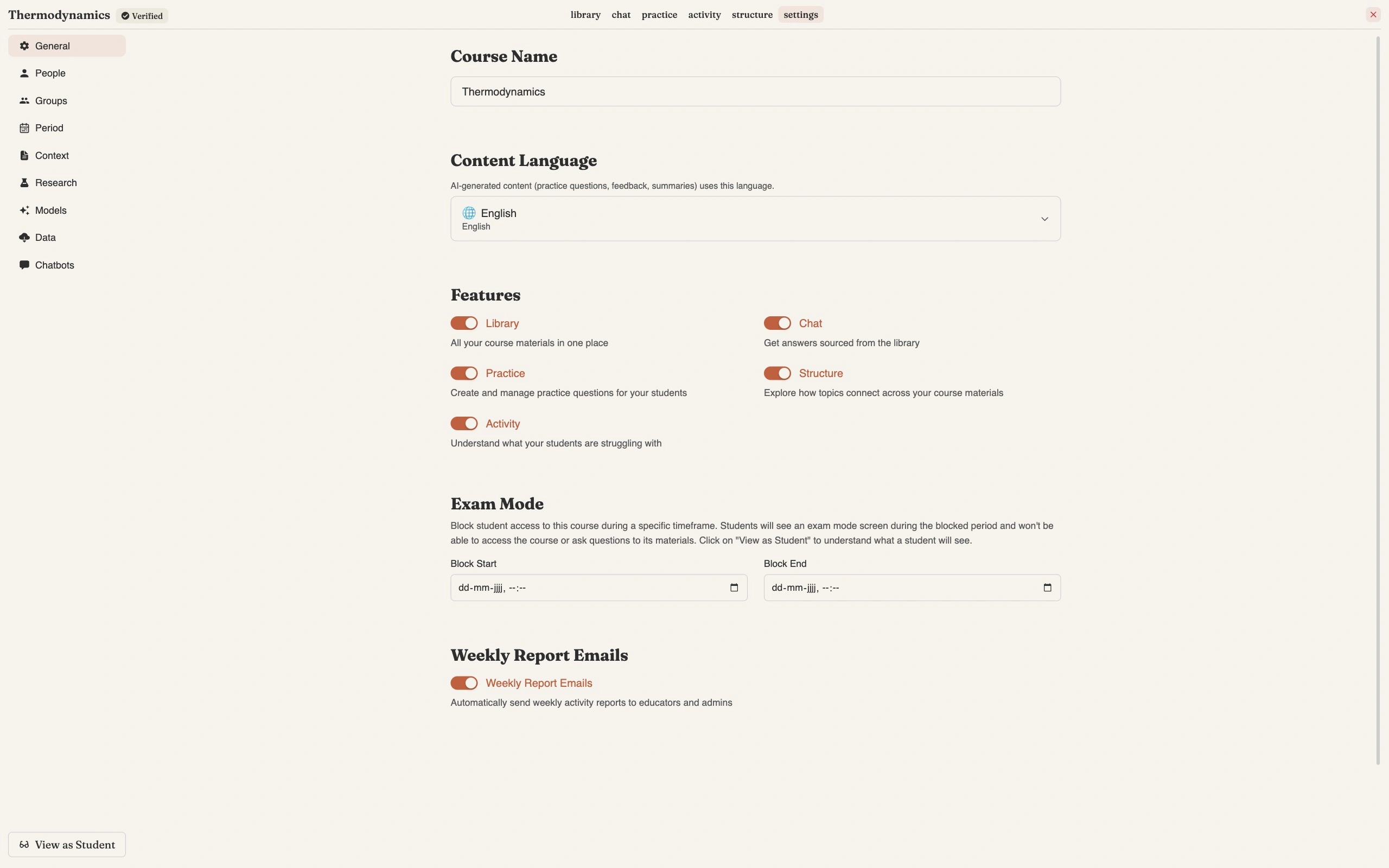 Course settings, General tab, showing Course Name, Content Language, Academic period, feature toggles for Library, Chat, Practice, Structure and Activity, and the Exam Mode date fields