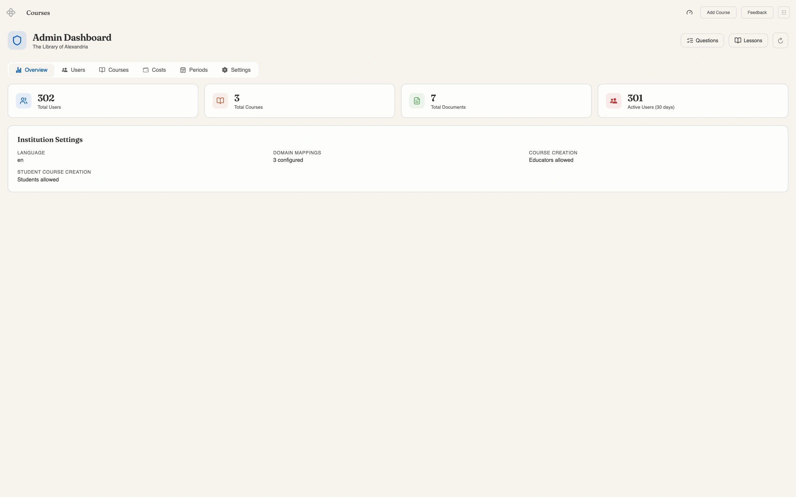 Admin dashboard Overview tab for The Odea, with counter cards reading 302 total users, 3 total courses, 7 total documents and 301 active users in the last 30 days, above an Institution Settings panel reading language en, domain mappings 3 configured, course creation Educators allowed and student course creation Students allowed