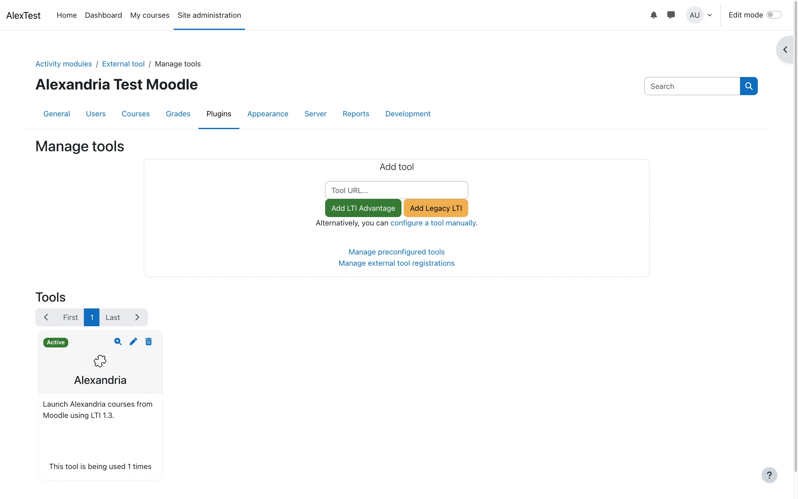 Moodle's Manage tools page with the Add tool box containing a Tool URL field and the Add LTI Advantage and Add Legacy LTI buttons, and below it a tool card named Odea marked Active