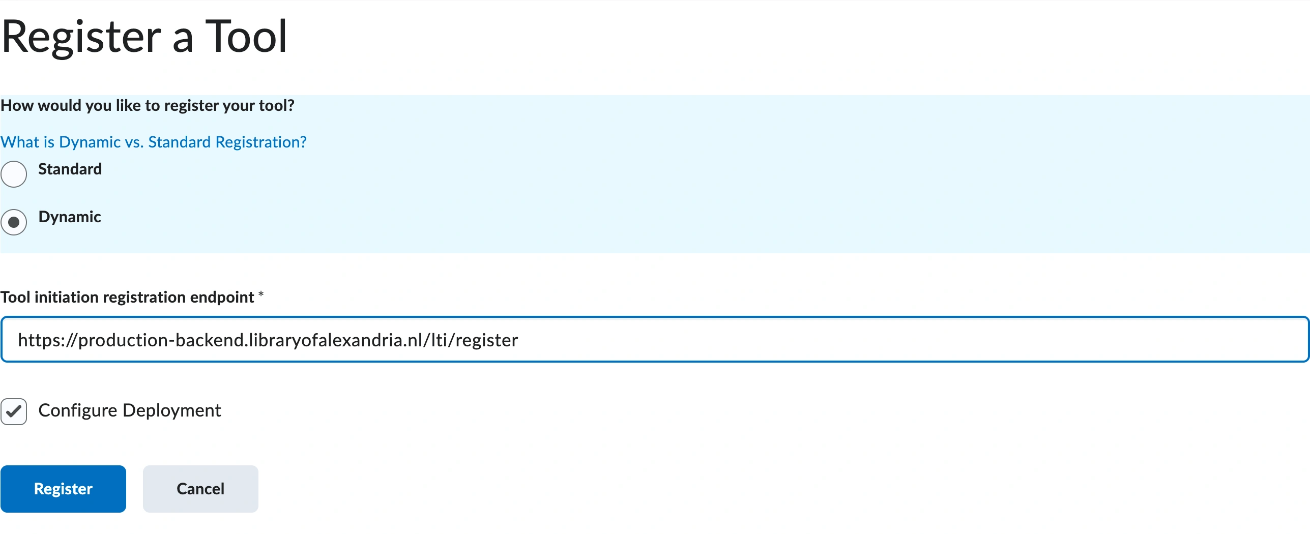 The Register a Tool screen in Brightspace with Dynamic selected, the Odea registration URL pasted into the Tool initiation registration endpoint field, and Configure Deployment ticked