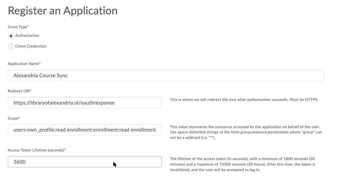 The Register an Application screen in Brightspace with Grant Type set to Authorization, Application Name set to Odea Course Sync, the Odea redirect URI entered, the read-only scope string pasted into Scope, and Access Token Lifetime left at 3600