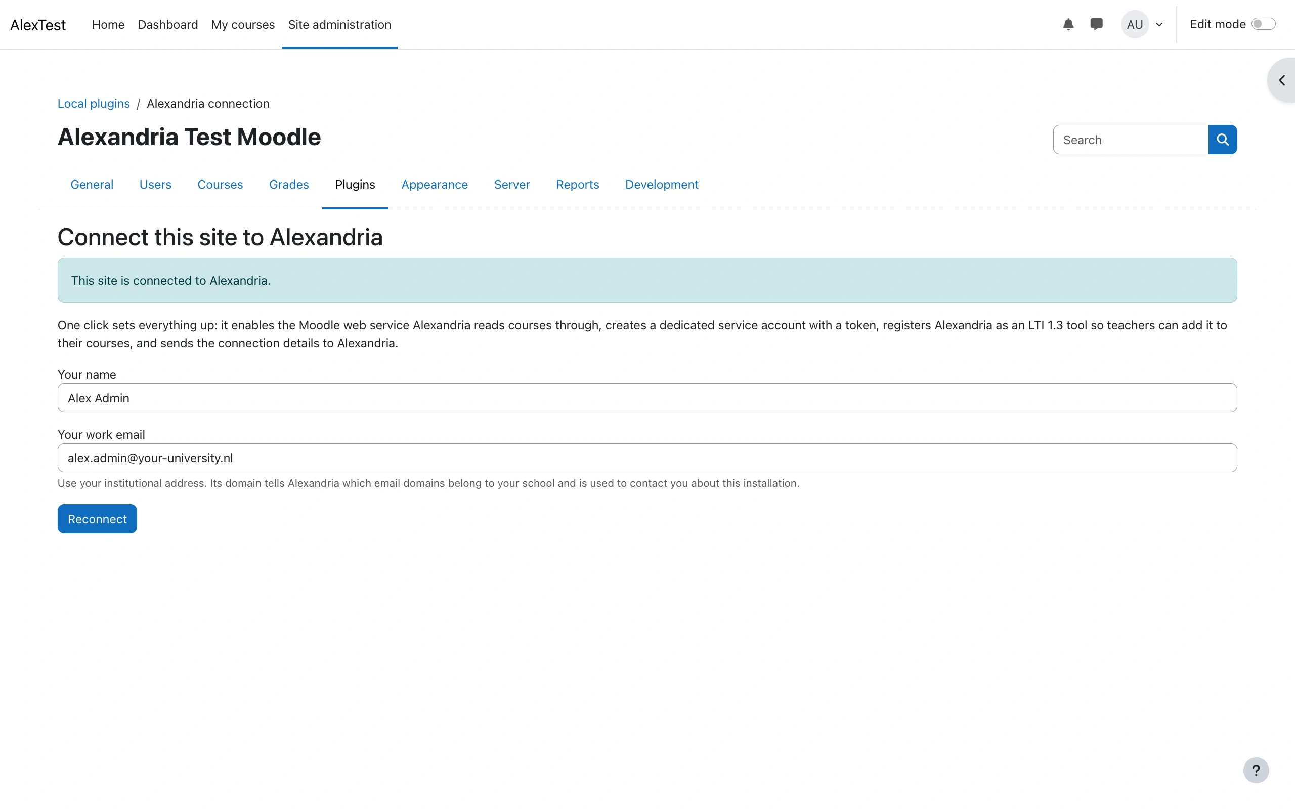 The Odea connection page under Local plugins in Moodle site administration, showing a Your name field, a Your work email field and a Reconnect button, with a banner reading This site is connected to Odea