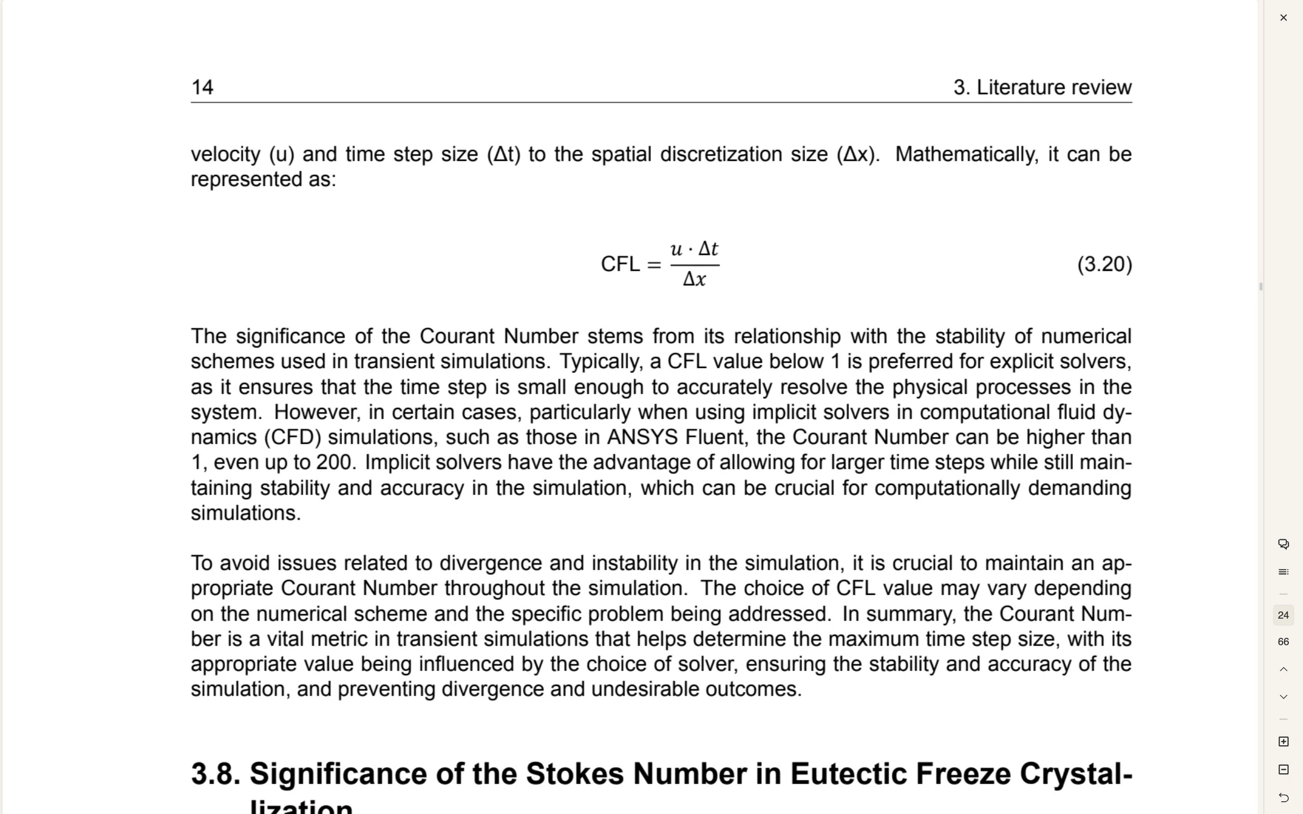 A thesis page open in the Odea reader showing body text and a rendered CFL formula, with the control rail down the right edge: back, chat, table of contents, the current page number 24 above the total 66, previous and next page arrows, and zoom in, zoom out and reset zoom