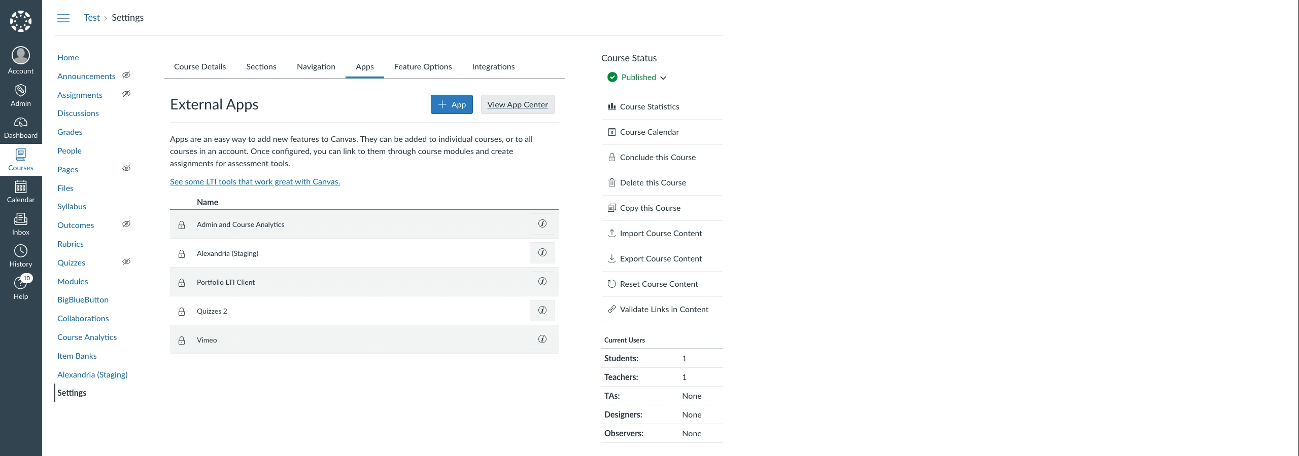A Canvas course's Settings → Apps tab, External Apps list, showing Odea (Staging) among Admin and Course Analytics, Portfolio LTI Client, Quizzes 2 and Vimeo, each with a padlock icon marking it as installed at account level, while the course navigation menu on the left shows an Odea (Staging) entry