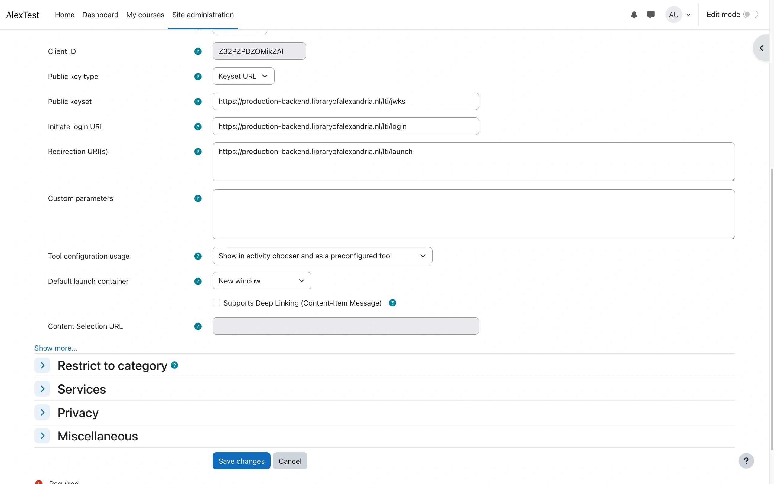 The External tool configuration page for the Odea tool in Moodle, showing the Odea public keyset, initiate login and redirection URLs, Tool configuration usage set to Show in activity chooser and as a preconfigured tool, and Default launch container set to New window