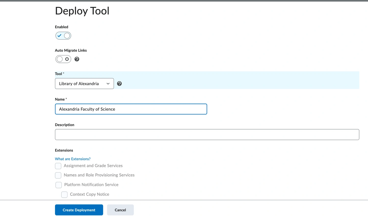 The Deploy Tool page in Brightspace with the Enabled toggle on, Auto Migrate Links off, the Tool dropdown set to Odea, a deployment name typed in, and every Extensions checkbox left unticked