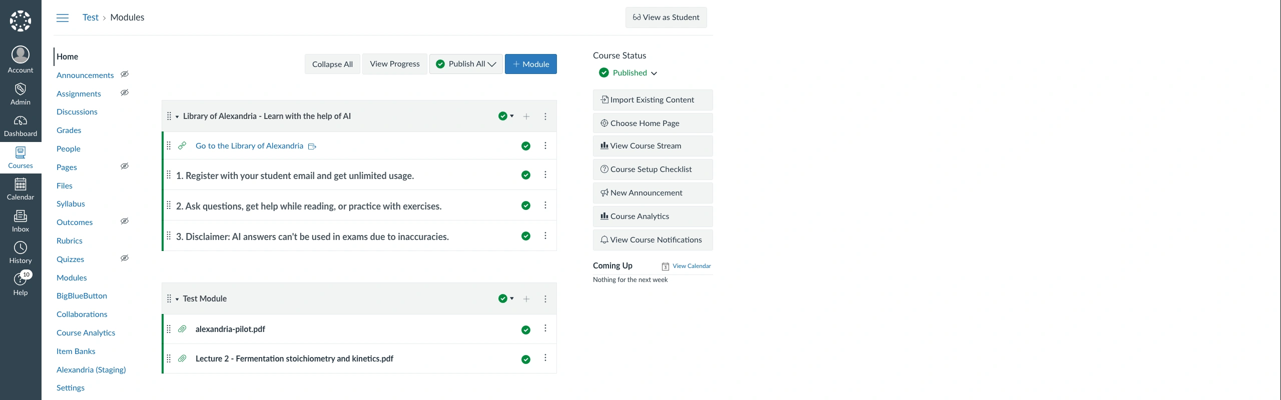 A Canvas course home page showing the modules list, with a Odea module holding a Go to the Odea link, and Odea (Staging) sitting in the left-hand course navigation menu between Item Banks and Settings
