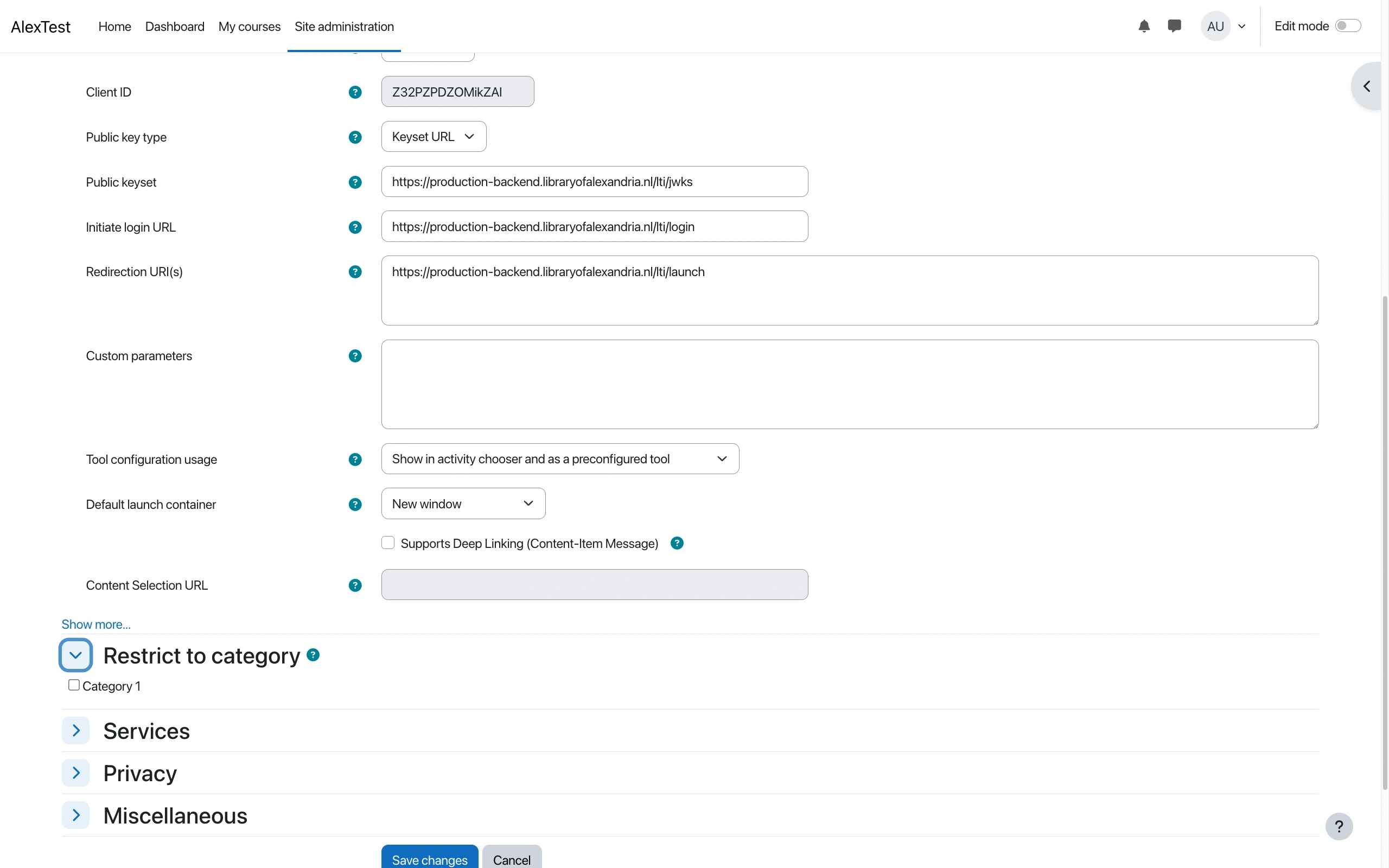 The External tool configuration page for Odea in Moodle, showing Tool configuration usage set to Show in activity chooser and as a preconfigured tool, Default launch container set to New window, and an expanded Restrict to category section with an unticked course category checkbox