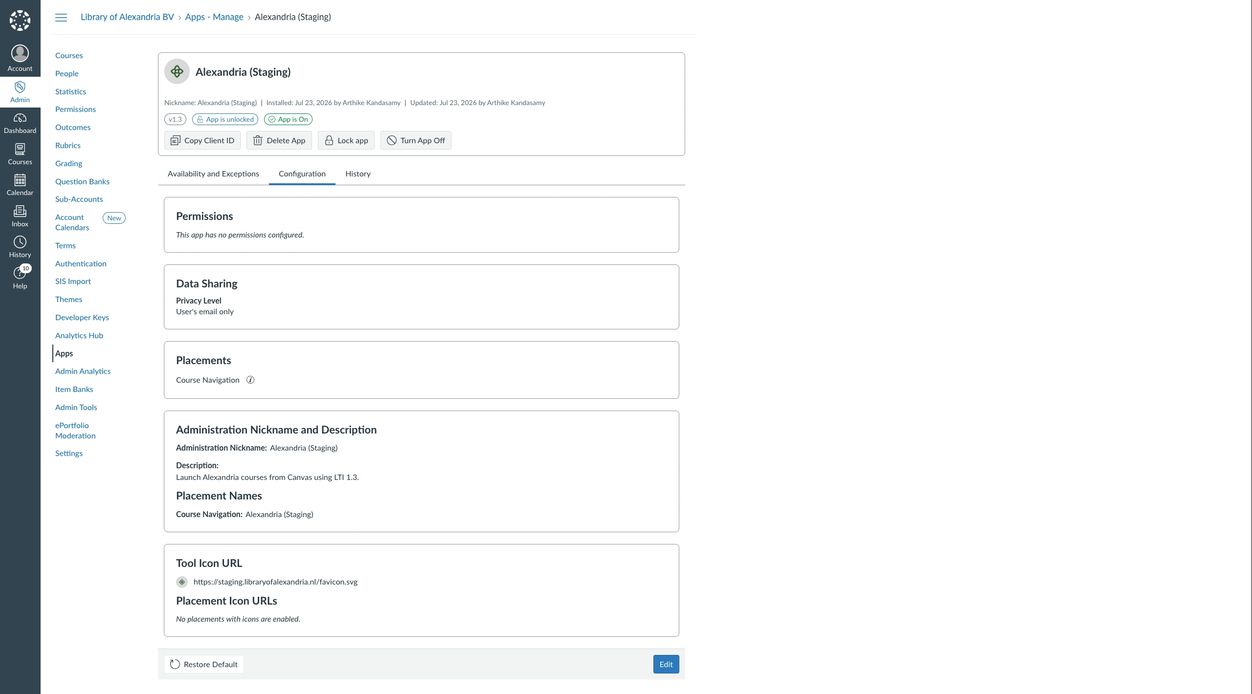The Configuration tab of the Odea (Staging) app in Canvas, showing a Permissions section reading This app has no permissions configured, a Data Sharing section with Privacy Level set to User's email only, a Placements section listing Course Navigation as the only placement, an Administration Nickname and Description section describing launching Odea courses from Canvas using LTI 1.3, and a Tool Icon URL section