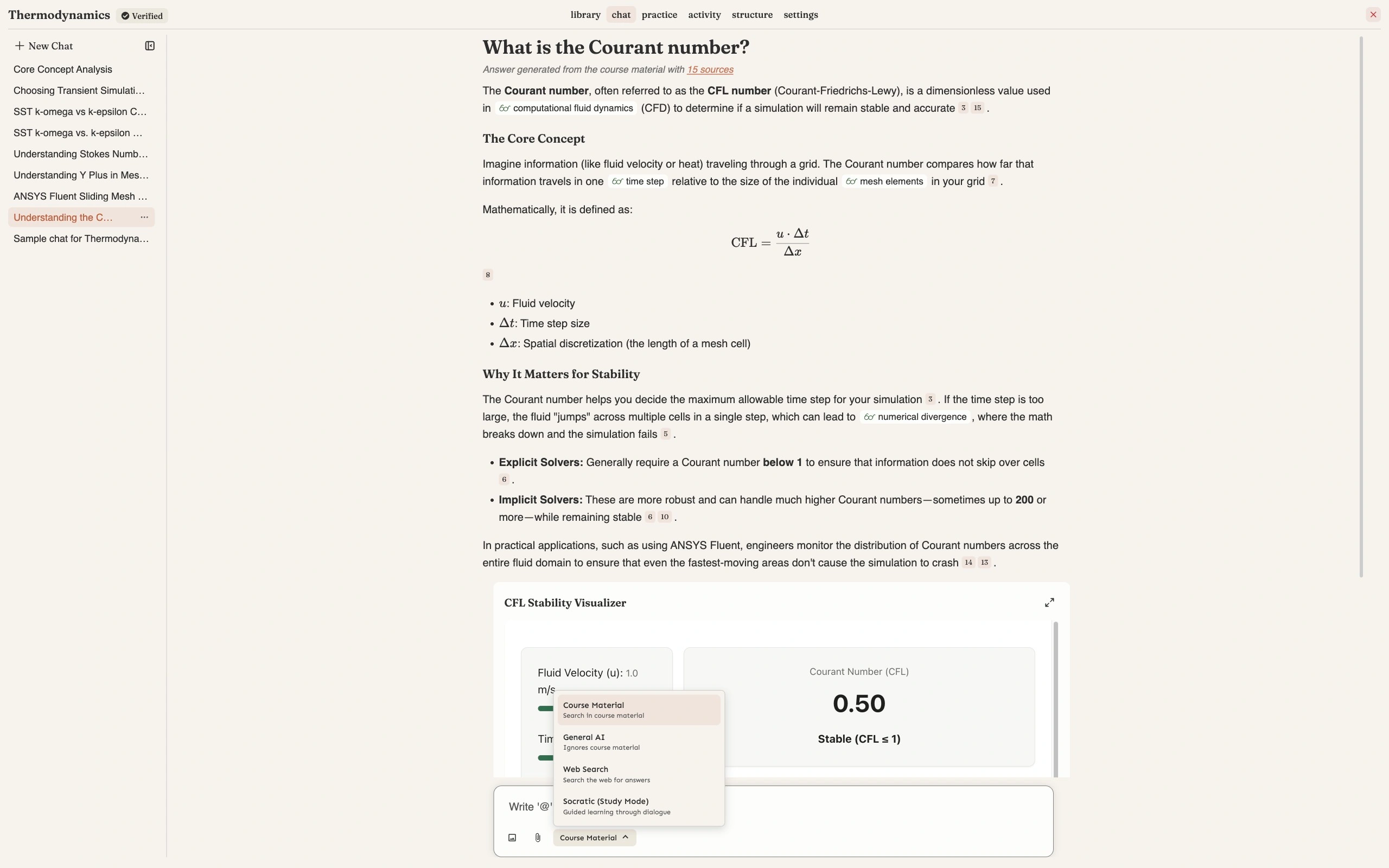 The answering-mode selector open at the bottom of the course message box, listing Course Material (search in course material) highlighted as the current choice, General AI (ignores course material), Web Search (search the web for answers) and Socratic Study Mode (guided learning through dialogue)