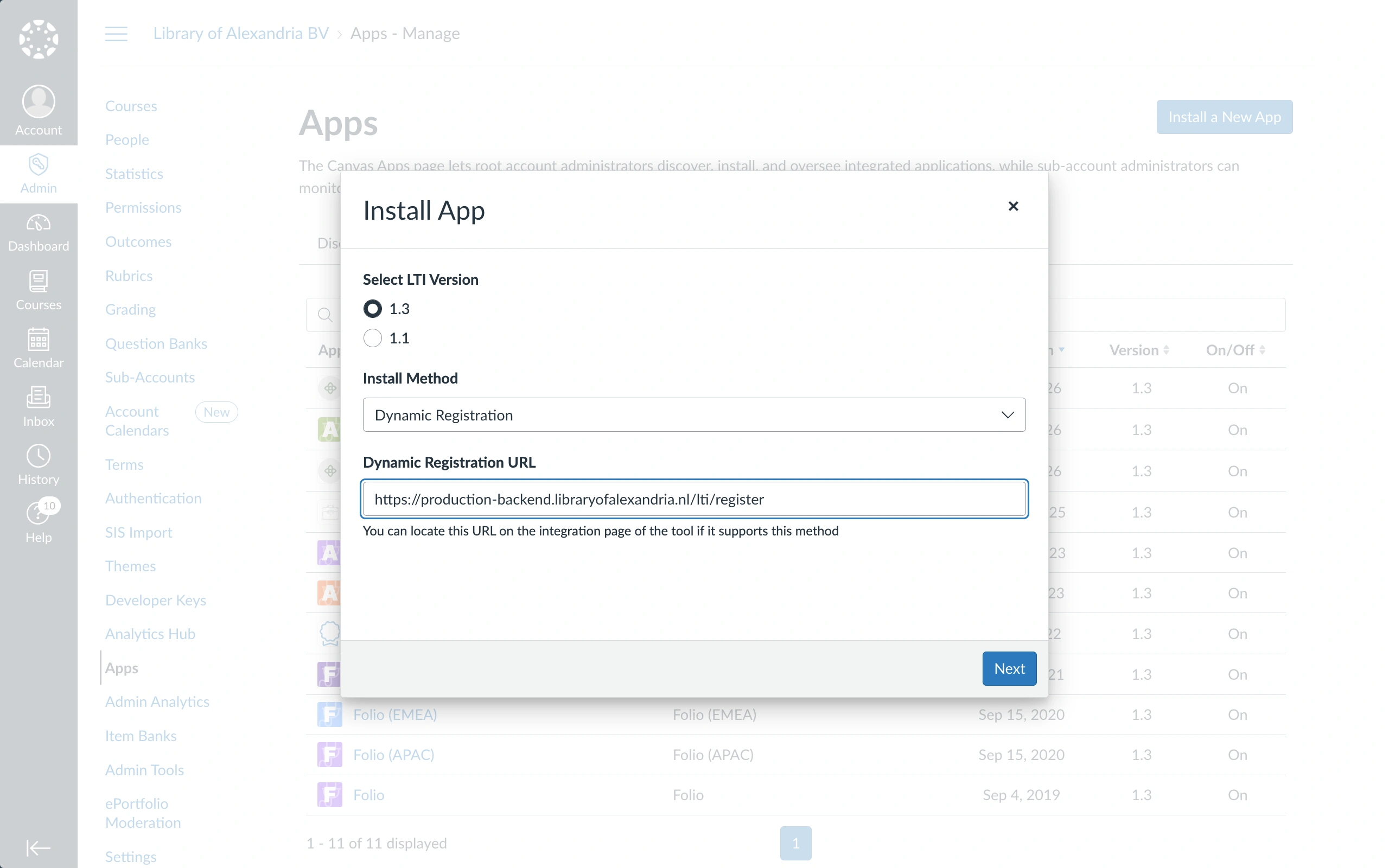 The Install App dialog in Canvas with LTI version 1.3 selected, Install Method set to Dynamic Registration, and the Odea registration URL pasted into the single Dynamic Registration URL field