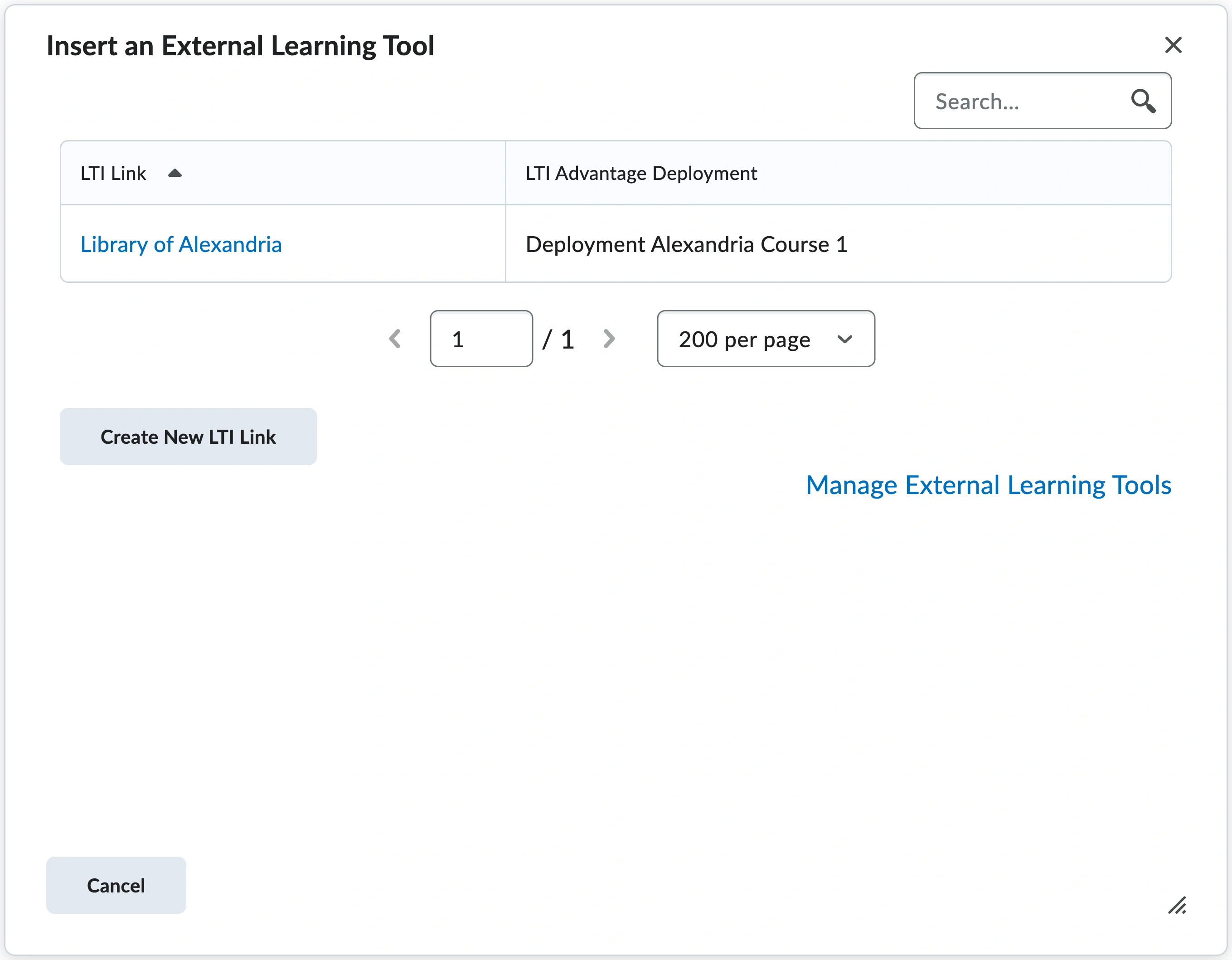 The Insert an External Learning Tool dialog in a Brightspace course, listing one row with the LTI Link named Odea and its LTI Advantage Deployment, above buttons for Create New LTI Link and Manage External Learning Tools