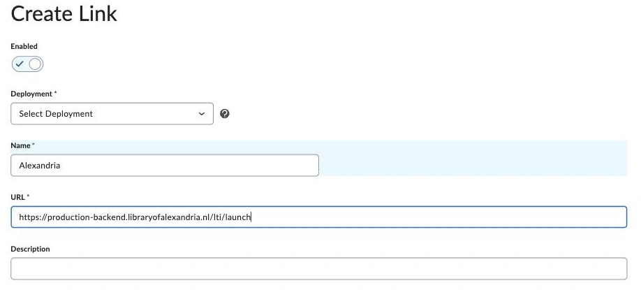 The Create Link form in Brightspace with the Enabled toggle on, an empty Deployment dropdown reading Select Deployment, the Name field set to Odea, and the Odea LTI launch URL entered in the URL field above an empty Description field