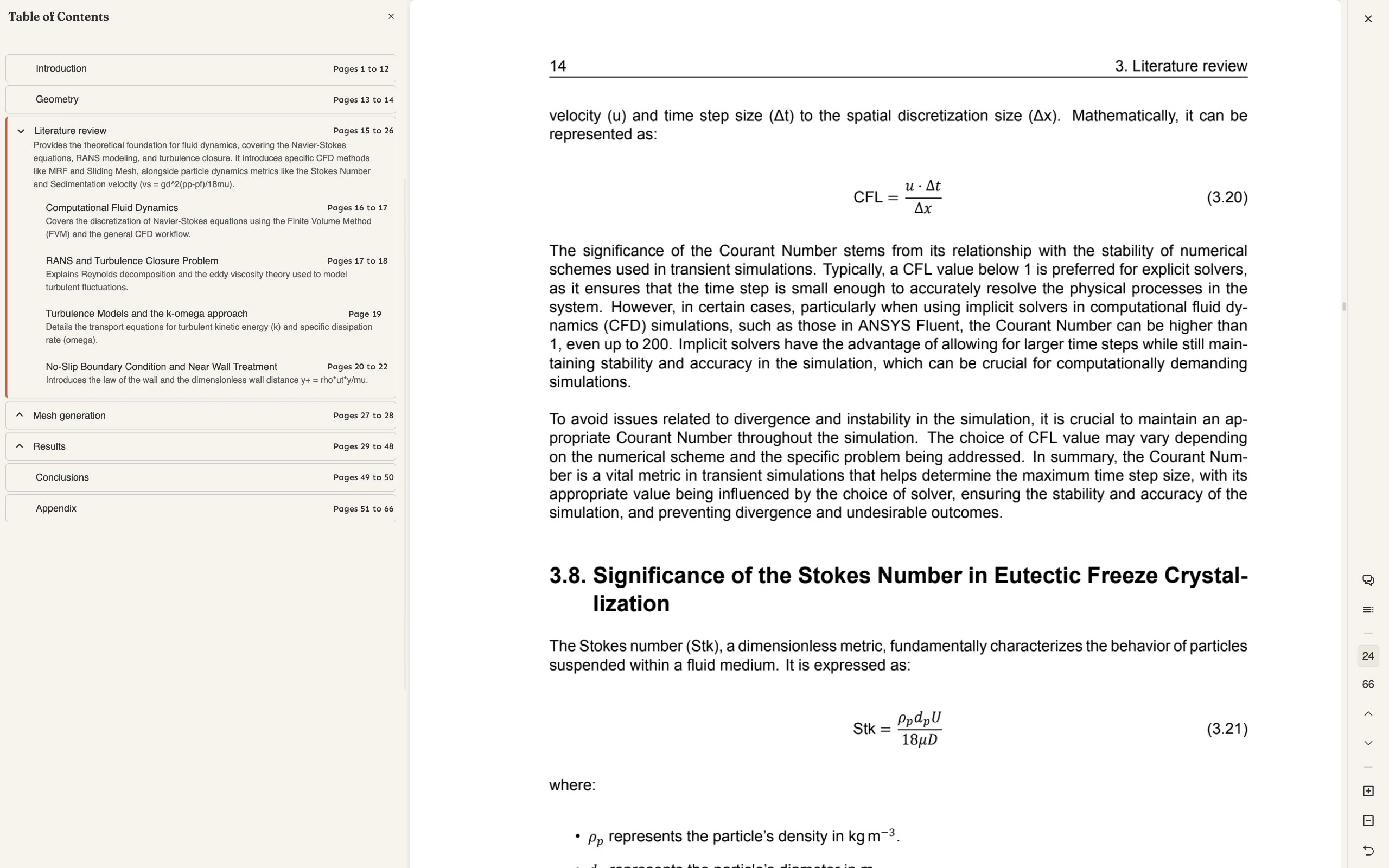 The Odea reader with the Table of Contents panel open on the left, listing Introduction pages 1 to 12, Geometry pages 13 to 14, Literature review pages 15 to 26 expanded to show its sub-sections Computational Fluid Dynamics, RANS and Turbulence Closure Problem, Turbulence Models and the k-omega approach and No-Slip Boundary Condition and Near Wall Treatment, each with its own page range and a one-line summary, while page 24 of the thesis stays readable on the right