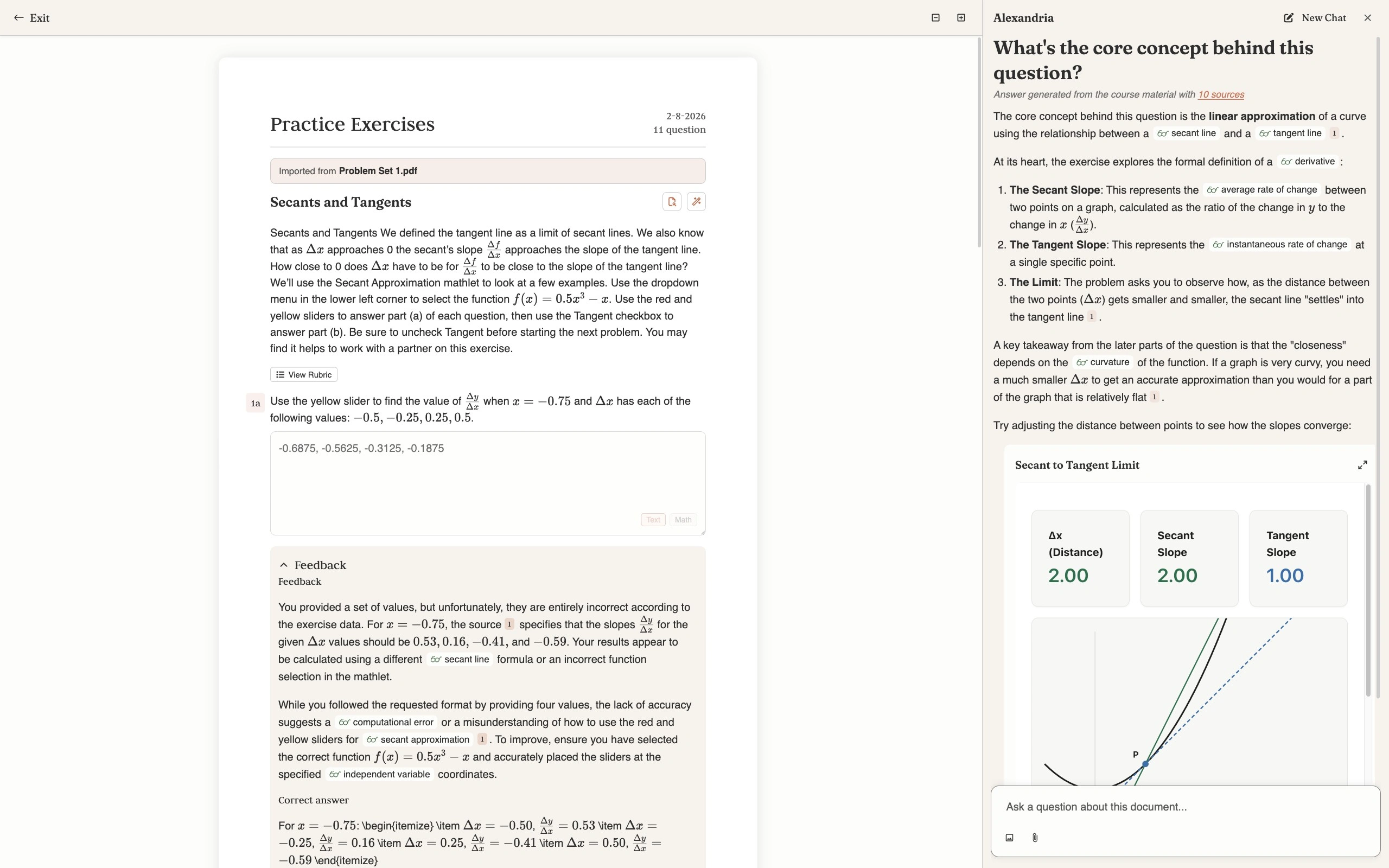 The practice runner with an Ask Odea panel open on the right, headed 'What's the core concept behind this question?', its answer generated from the course material with 10 sources and inline citation chips explaining secant slope, tangent slope and the limit, and an embedded interactive Secant to Tangent Limit visualisation reading delta x 2.00, secant slope 2.00 and tangent slope 1.00 above a plotted curve with its secant and tangent lines