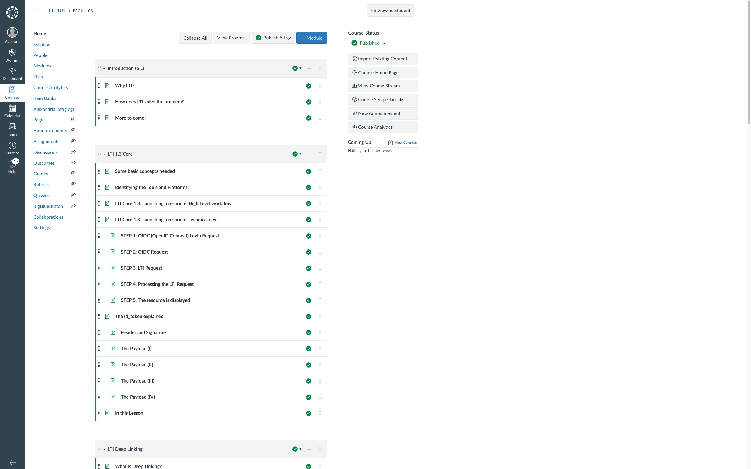 A Canvas course called LTI 101, showing its Introduction to LTI and LTI 1.3 Core modules, with an Odea (Staging) entry in the course navigation menu on the left, between Item Banks and Pages